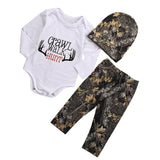 Letters Crawl Walk Hunt Baby Clothes Sets Long Sleeve Top Romper Printed Pant with Hat 3PCS Baby Boys Girls Clothing Sets 0-18M