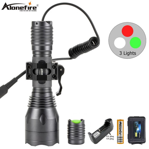 AloneFire C10 LED Tactical Hunting Flashlight Red Green White Rifle Gun Light+Press Remote Switch+20mm Rail Barrel Mount