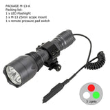 AloneFire C10 LED Tactical Hunting Flashlight Red Green White Rifle Gun Light+Press Remote Switch+20mm Rail Barrel Mount