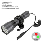 AloneFire C10 LED Tactical Hunting Flashlight Red Green White Rifle Gun Light+Press Remote Switch+20mm Rail Barrel Mount