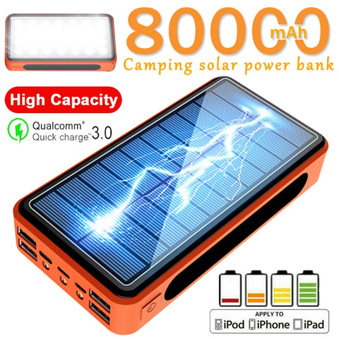 80000mAh Solar Power Bank Large Capacity Portable Charger Camping Light External Battery 4USB PowerBank for smartphone iphone 13